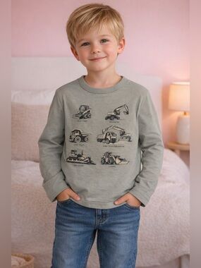 GAP Sage Green Long Sleeve Tee with Construction Truck Print